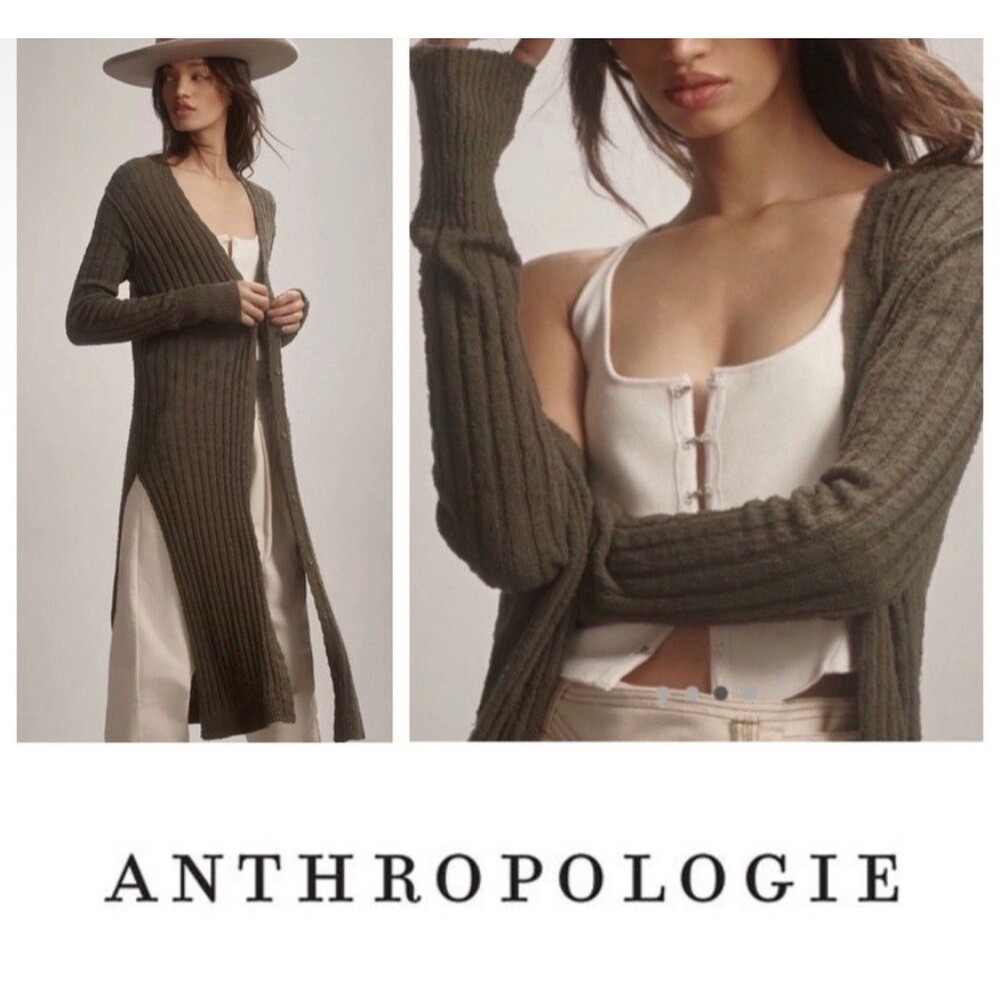 Pilcro Anthropologie Gauzy Duster Cardigan Distressed Sweater in Moss Size XXS